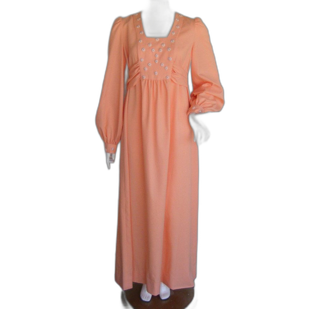 Vintage 70s Prom Dress, M/L, Orange Sherbet, Long sleeves, Beaded Bib, Handmade